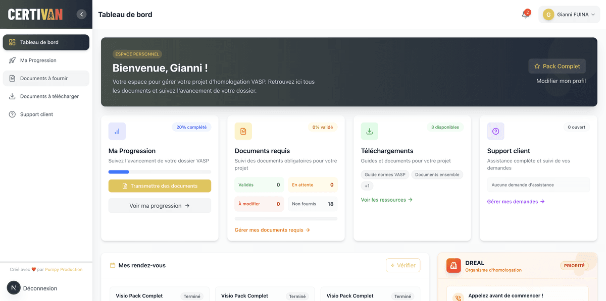 Interface de la plateforme Certivan - Dashboard utilisateur