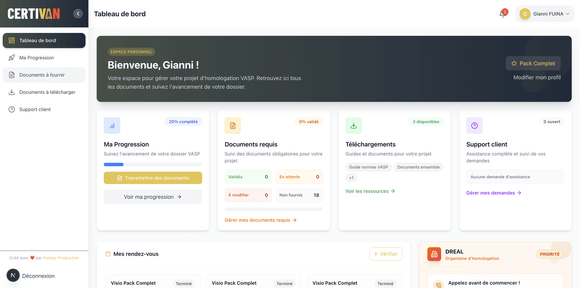 Interface de la plateforme Certivan - Dashboard utilisateur