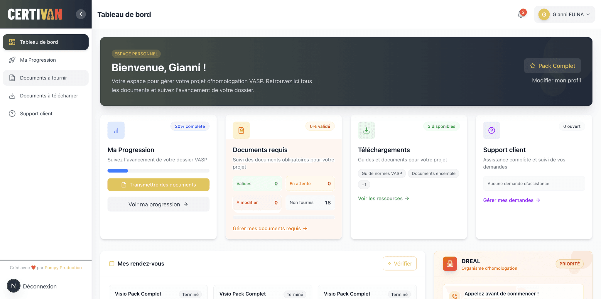 Plateforme Certivan dashboard